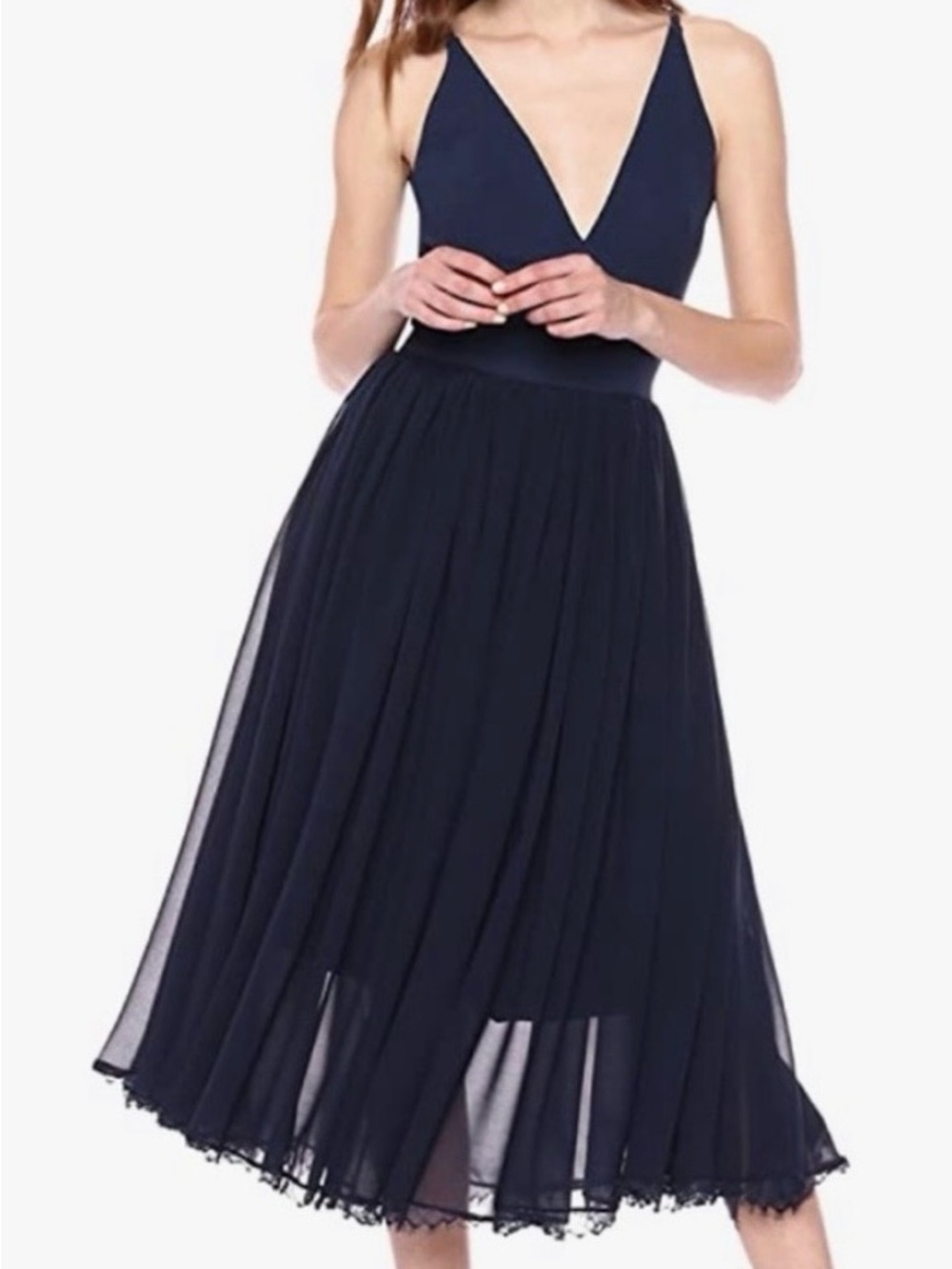 Dress the Population Alicia Midnight Blue Midi Dress with Lace Trim